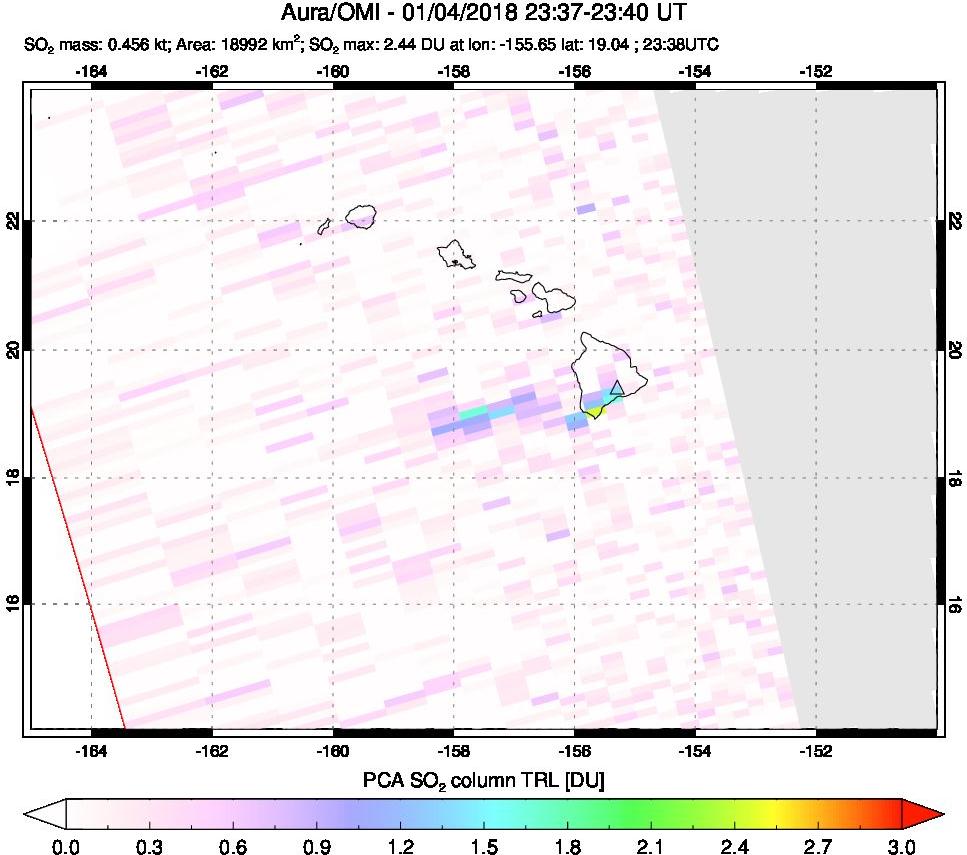 A sulfur dioxide image over Hawaii, USA on Jan 04, 2018.