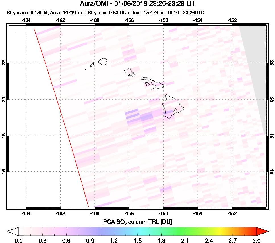 A sulfur dioxide image over Hawaii, USA on Jan 06, 2018.