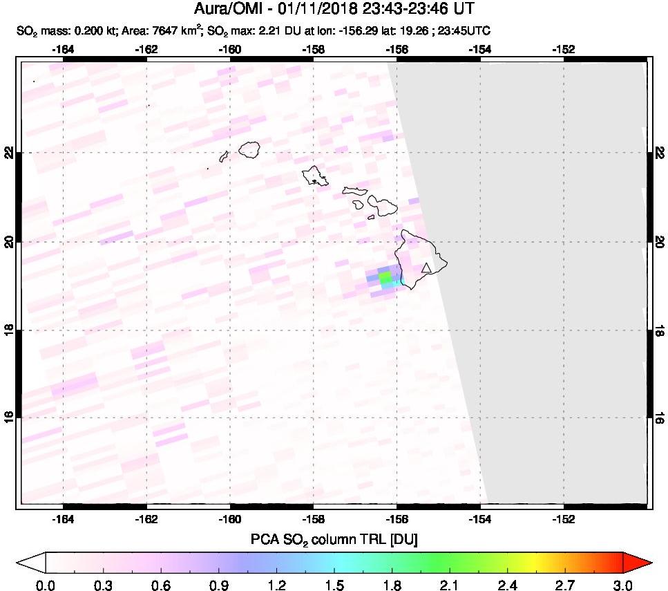 A sulfur dioxide image over Hawaii, USA on Jan 11, 2018.