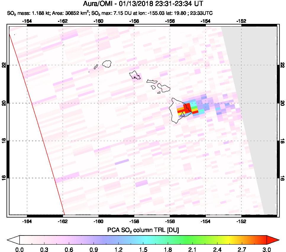 A sulfur dioxide image over Hawaii, USA on Jan 13, 2018.