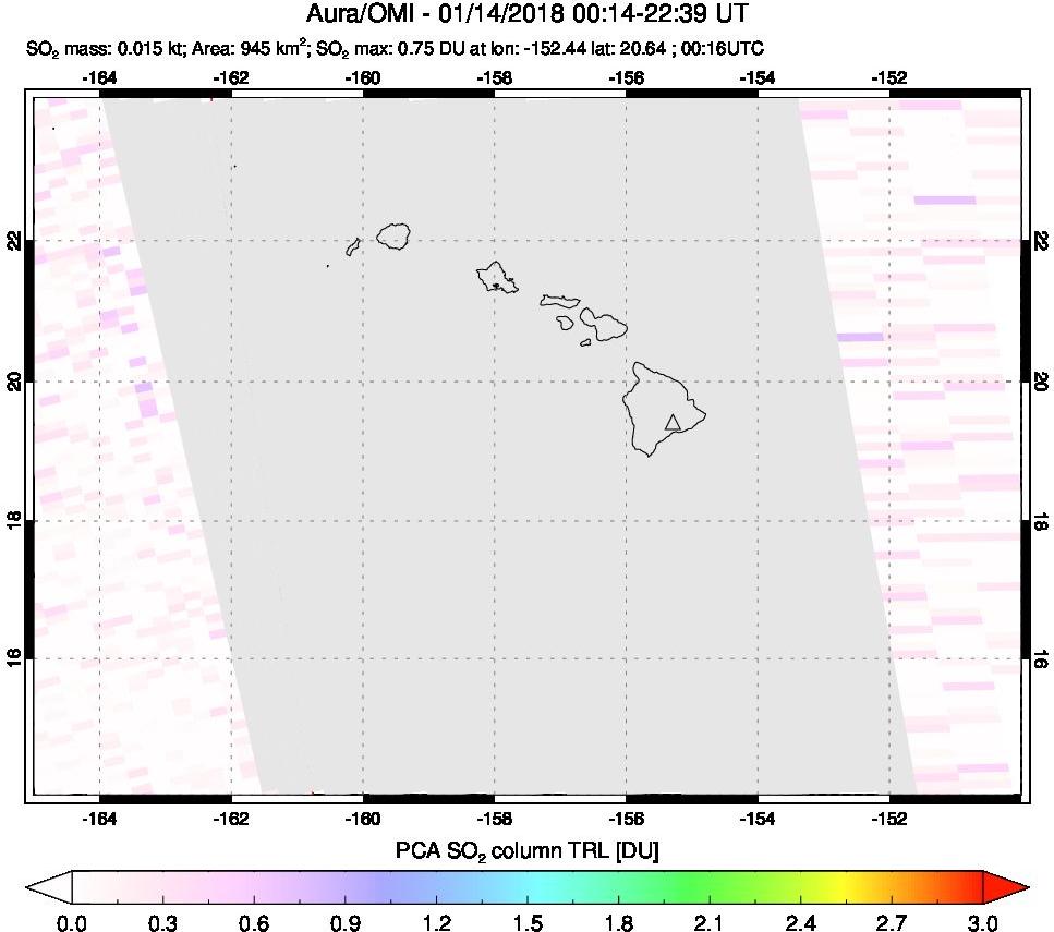A sulfur dioxide image over Hawaii, USA on Jan 14, 2018.