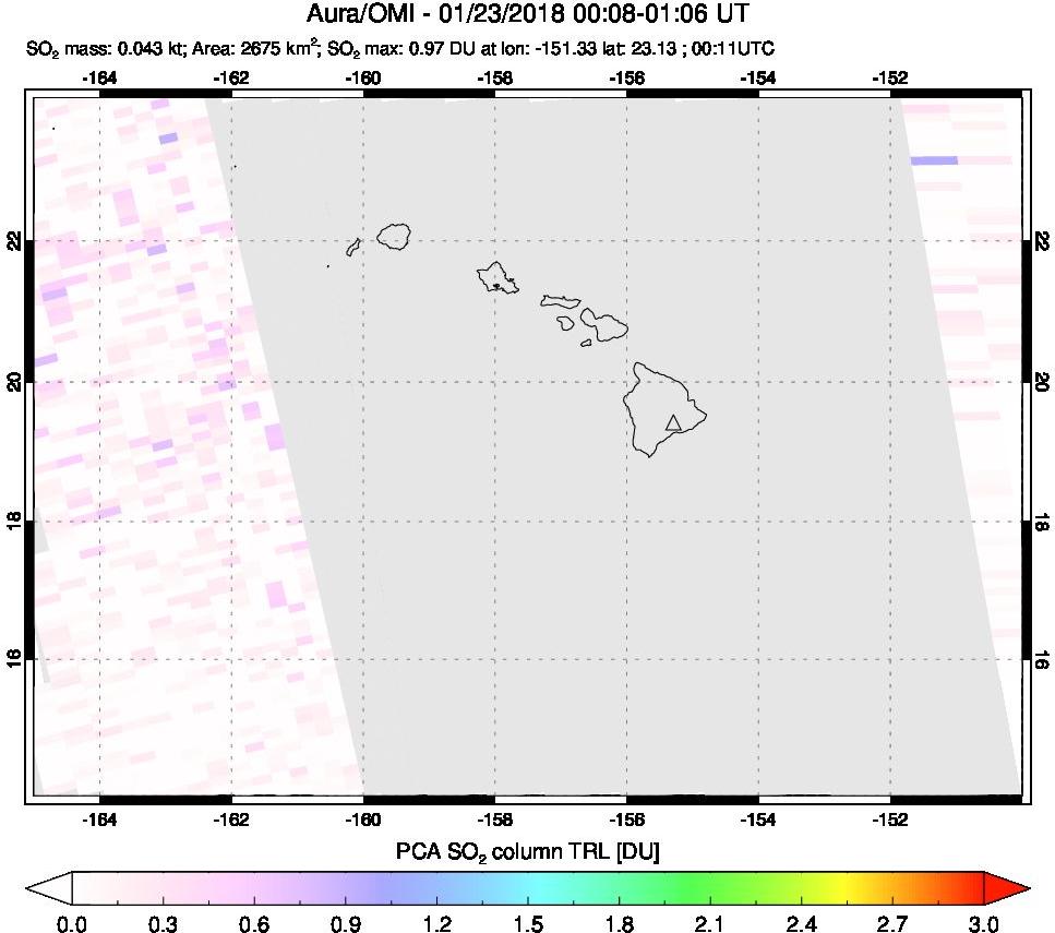 A sulfur dioxide image over Hawaii, USA on Jan 23, 2018.