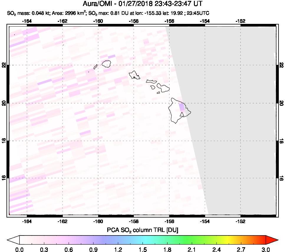 A sulfur dioxide image over Hawaii, USA on Jan 27, 2018.
