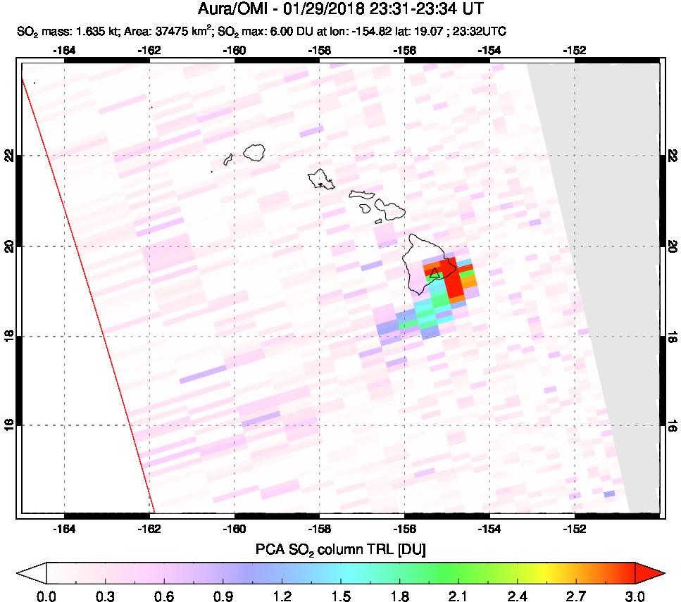 A sulfur dioxide image over Hawaii, USA on Jan 29, 2018.