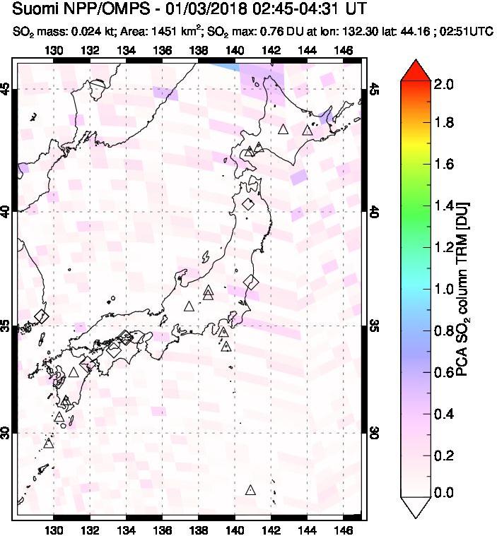 A sulfur dioxide image over Japan on Jan 03, 2018.