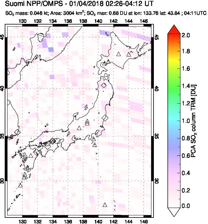 A sulfur dioxide image over Japan on Jan 04, 2018.