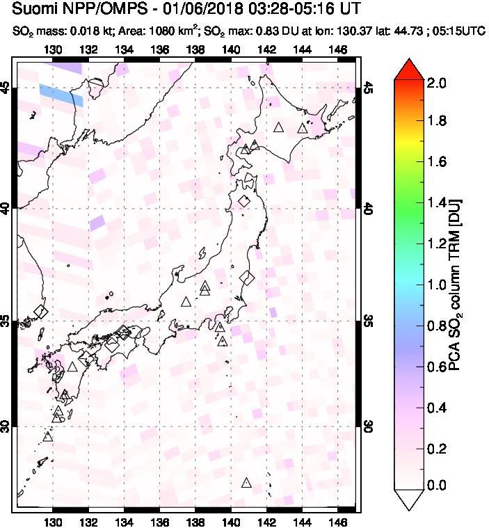 A sulfur dioxide image over Japan on Jan 06, 2018.