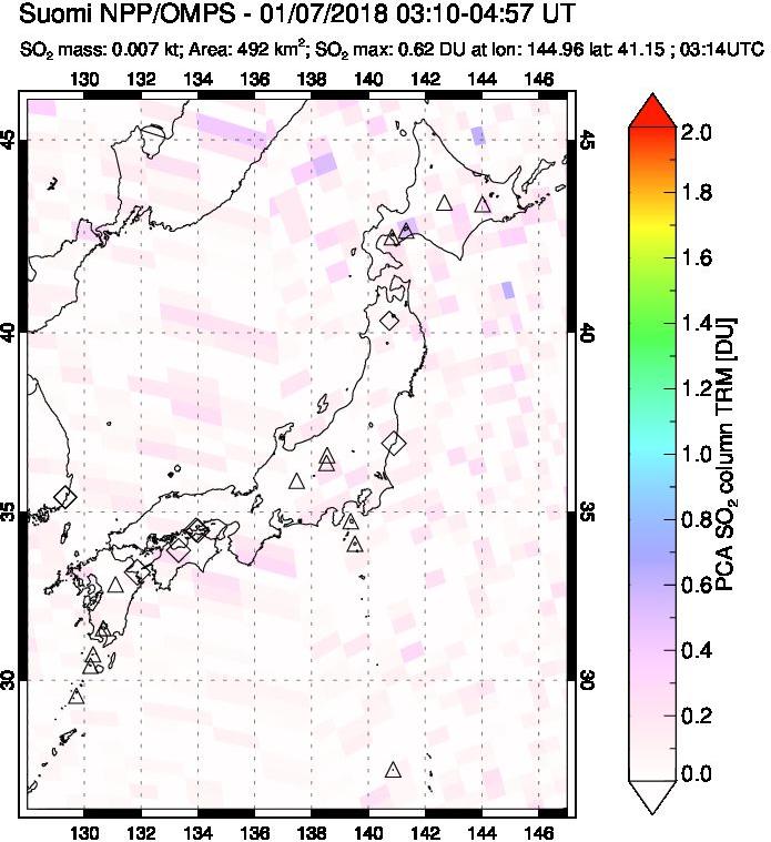 A sulfur dioxide image over Japan on Jan 07, 2018.