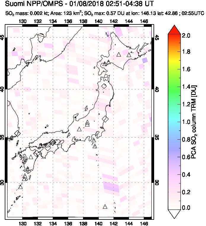 A sulfur dioxide image over Japan on Jan 08, 2018.