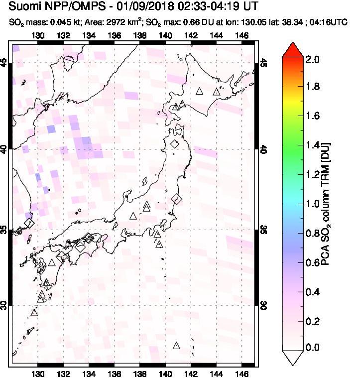 A sulfur dioxide image over Japan on Jan 09, 2018.