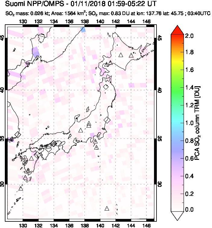 A sulfur dioxide image over Japan on Jan 11, 2018.