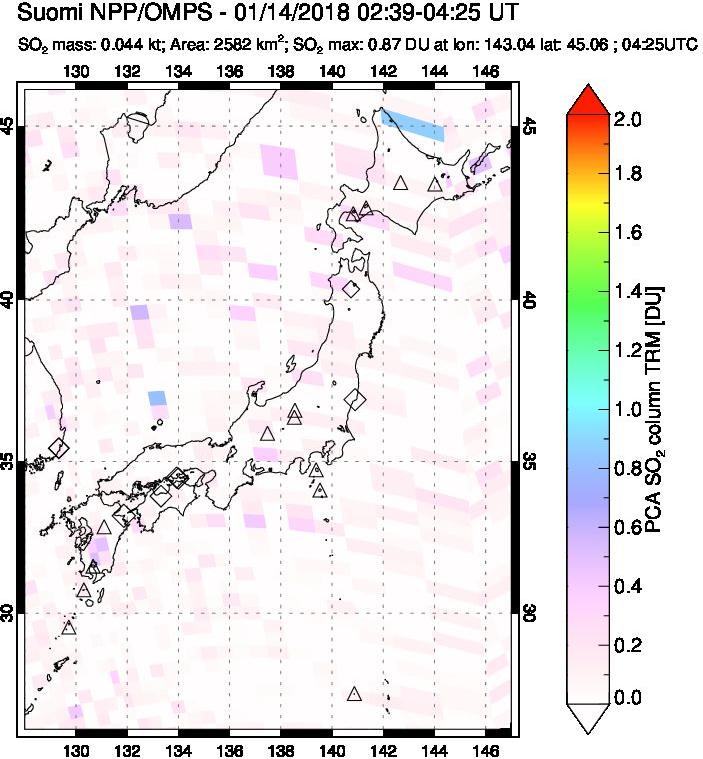 A sulfur dioxide image over Japan on Jan 14, 2018.