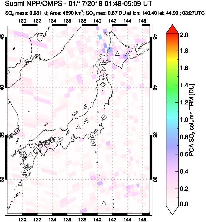 A sulfur dioxide image over Japan on Jan 17, 2018.