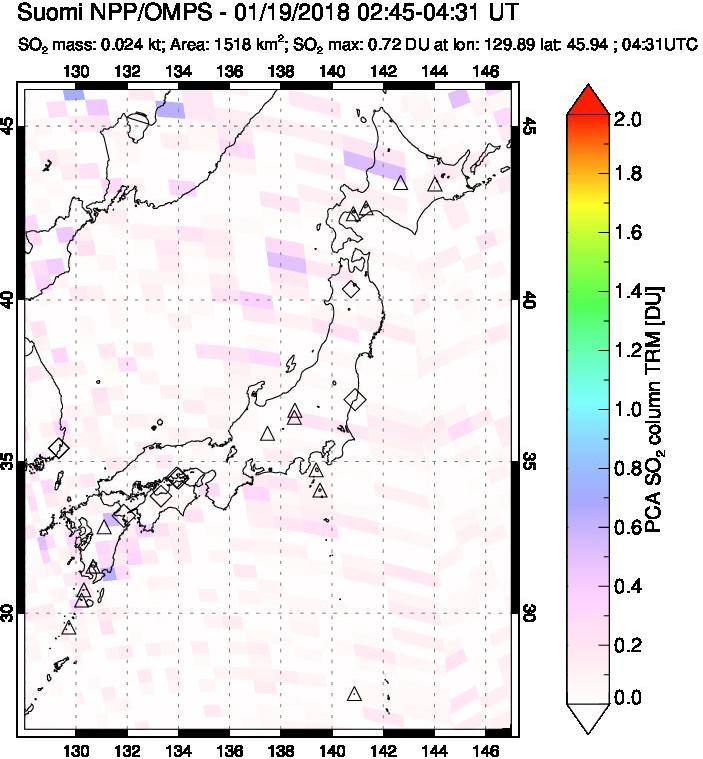 A sulfur dioxide image over Japan on Jan 19, 2018.