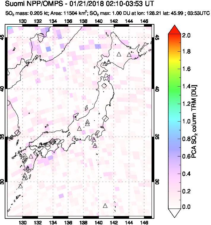 A sulfur dioxide image over Japan on Jan 21, 2018.