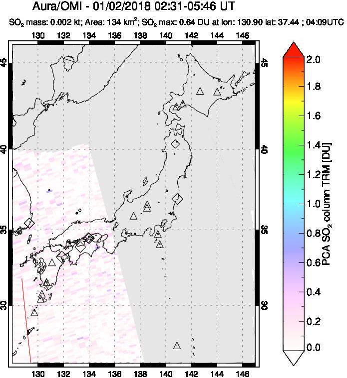 A sulfur dioxide image over Japan on Jan 02, 2018.