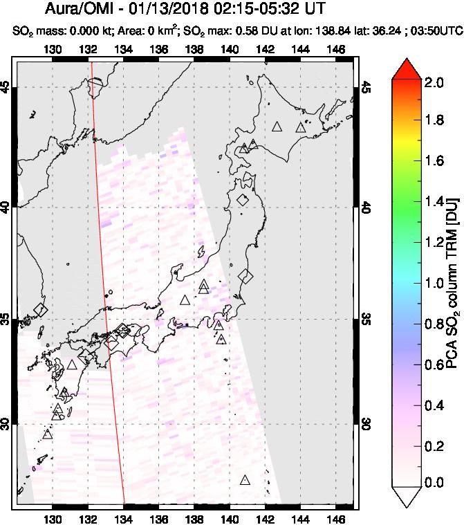 A sulfur dioxide image over Japan on Jan 13, 2018.