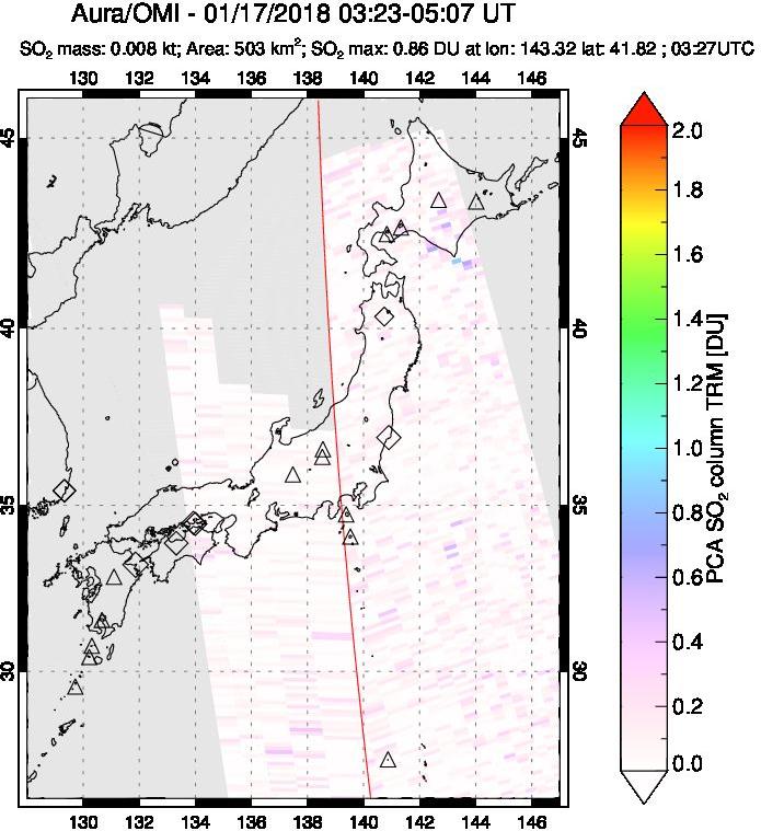 A sulfur dioxide image over Japan on Jan 17, 2018.
