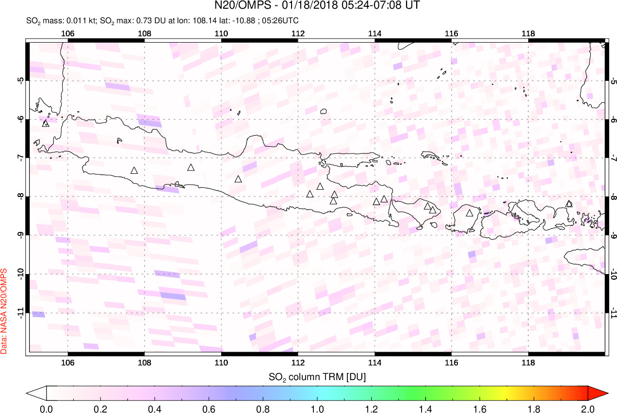 A sulfur dioxide image over Java, Indonesia on Jan 18, 2018.