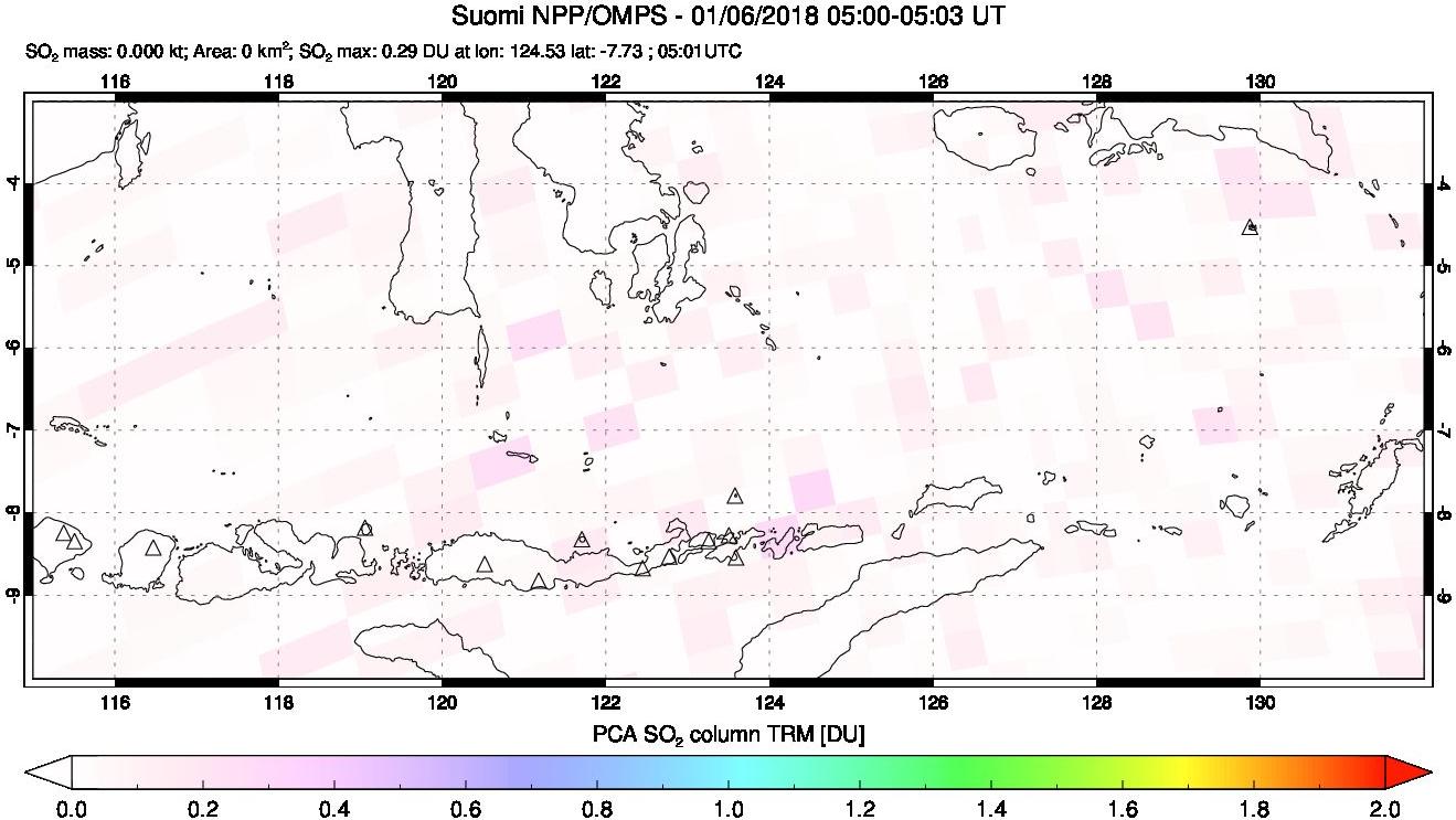 A sulfur dioxide image over Lesser Sunda Islands, Indonesia on Jan 06, 2018.