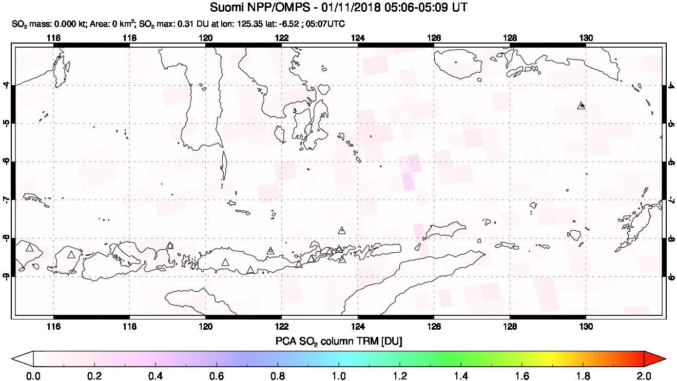 A sulfur dioxide image over Lesser Sunda Islands, Indonesia on Jan 11, 2018.