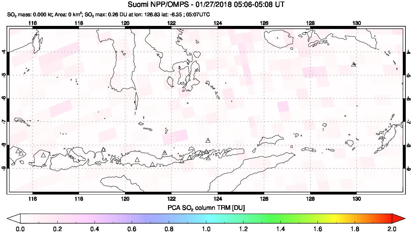 A sulfur dioxide image over Lesser Sunda Islands, Indonesia on Jan 27, 2018.