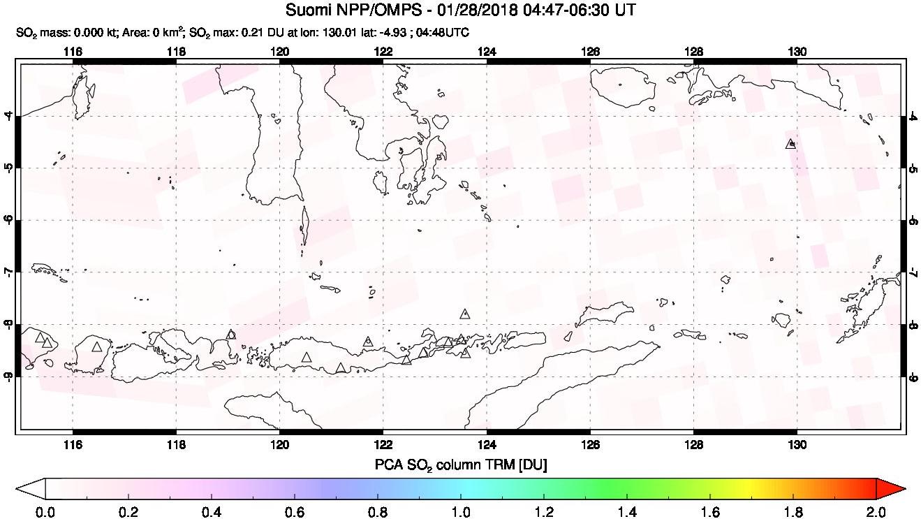 A sulfur dioxide image over Lesser Sunda Islands, Indonesia on Jan 28, 2018.