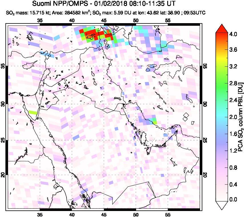 A sulfur dioxide image over Middle East on Jan 02, 2018.