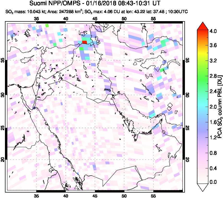 A sulfur dioxide image over Middle East on Jan 16, 2018.