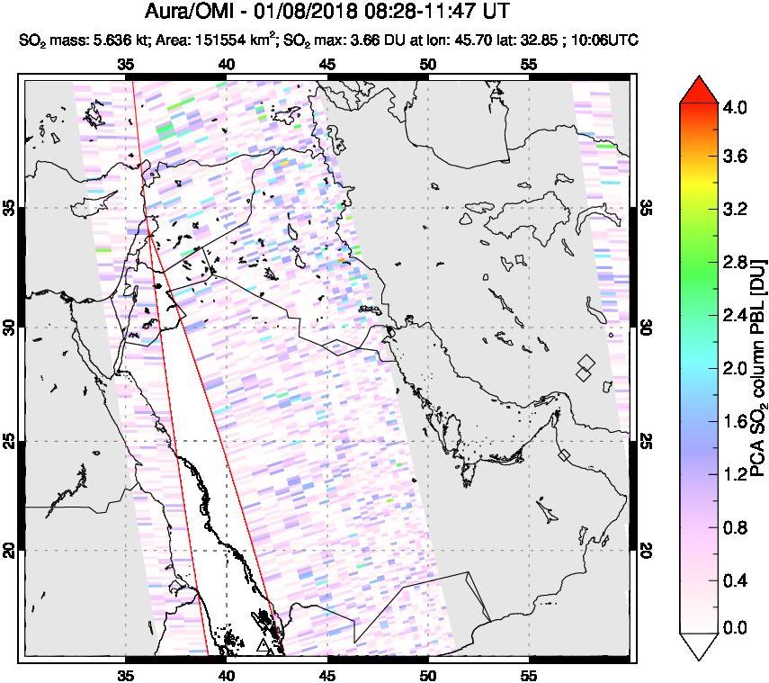 A sulfur dioxide image over Middle East on Jan 08, 2018.