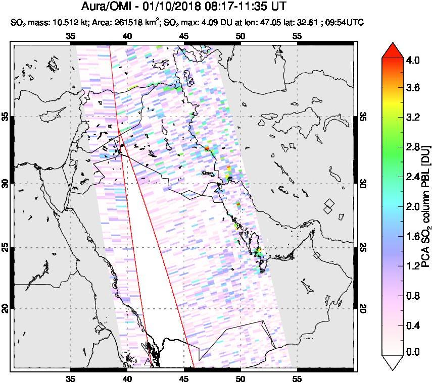 A sulfur dioxide image over Middle East on Jan 10, 2018.