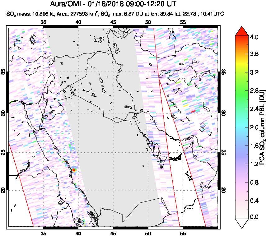 A sulfur dioxide image over Middle East on Jan 18, 2018.