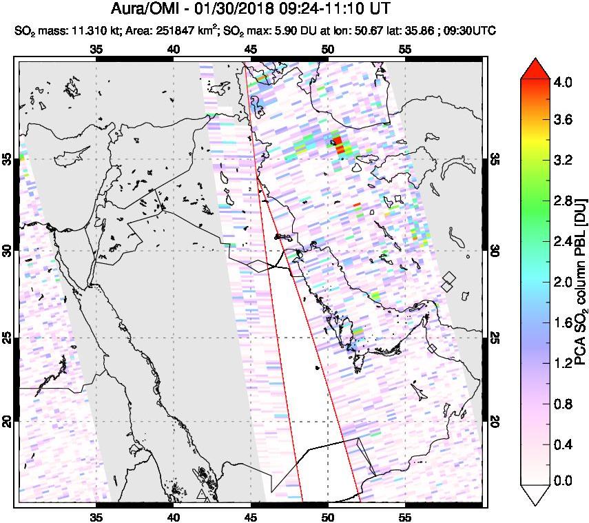 A sulfur dioxide image over Middle East on Jan 30, 2018.