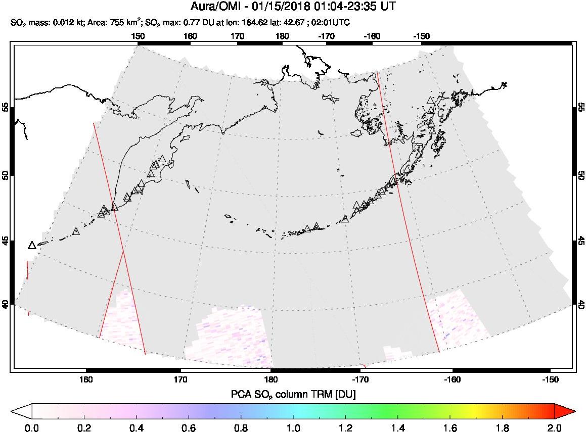 A sulfur dioxide image over North Pacific on Jan 15, 2018.