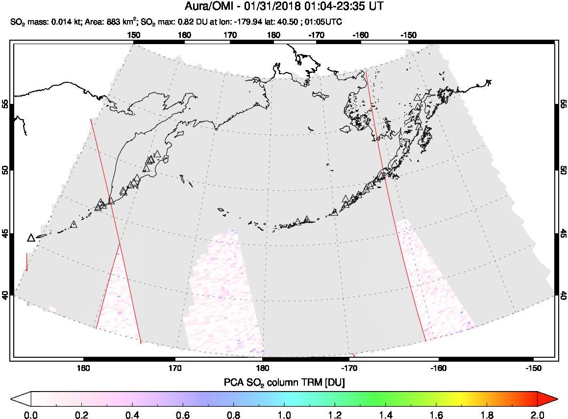 A sulfur dioxide image over North Pacific on Jan 31, 2018.