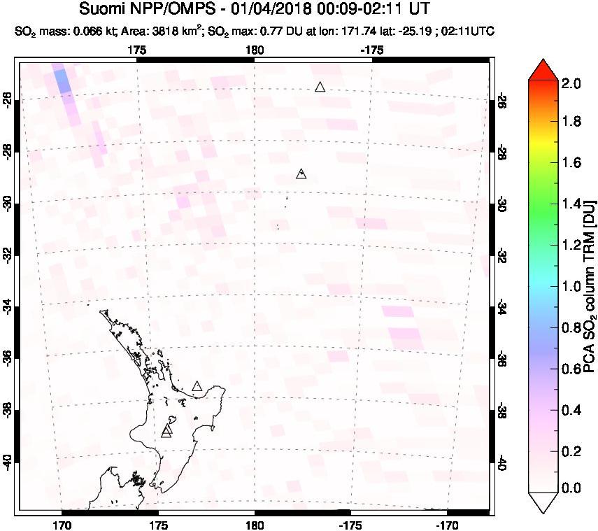 A sulfur dioxide image over New Zealand on Jan 04, 2018.