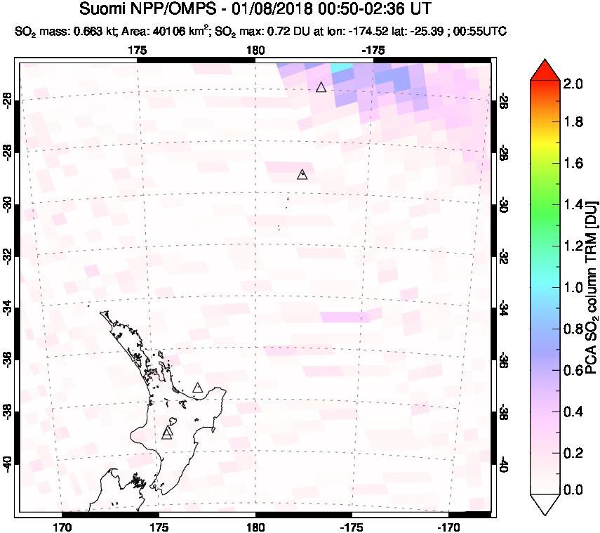 A sulfur dioxide image over New Zealand on Jan 08, 2018.