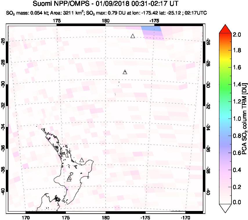 A sulfur dioxide image over New Zealand on Jan 09, 2018.