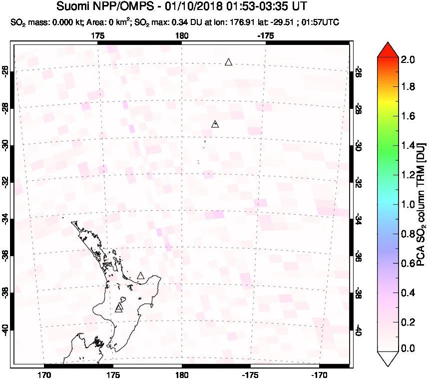 A sulfur dioxide image over New Zealand on Jan 10, 2018.