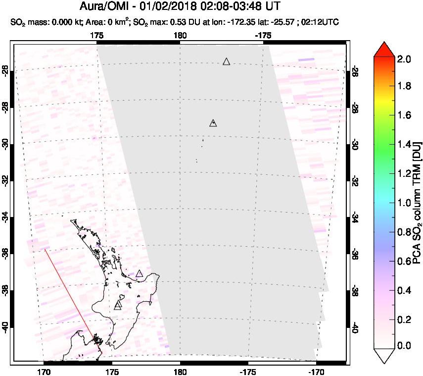 A sulfur dioxide image over New Zealand on Jan 02, 2018.