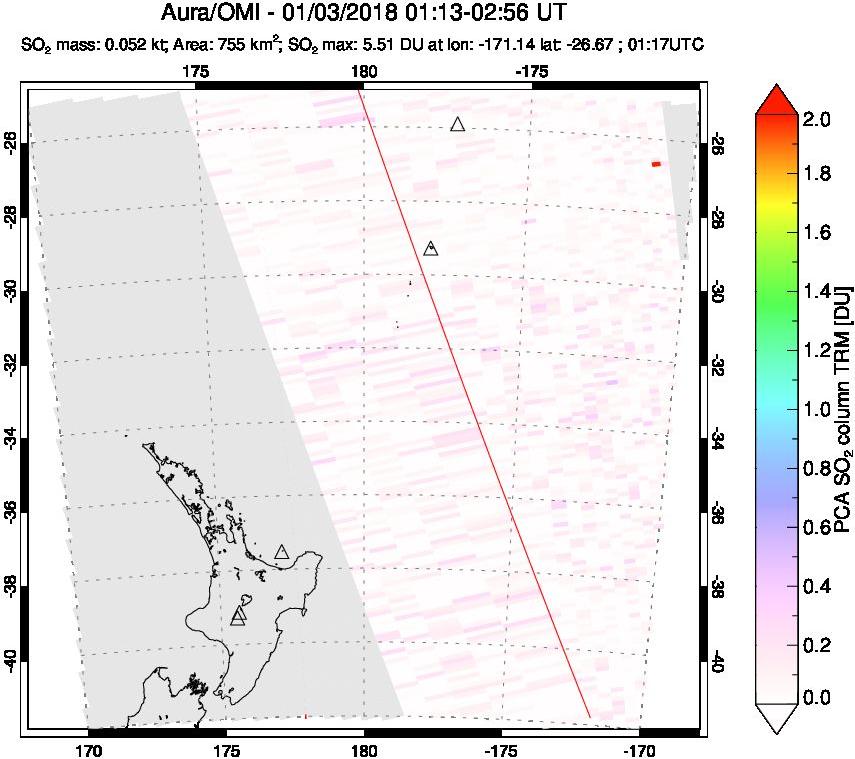 A sulfur dioxide image over New Zealand on Jan 03, 2018.