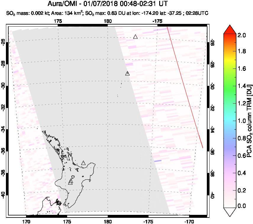 A sulfur dioxide image over New Zealand on Jan 07, 2018.