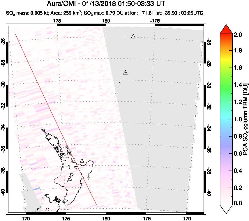 A sulfur dioxide image over New Zealand on Jan 13, 2018.