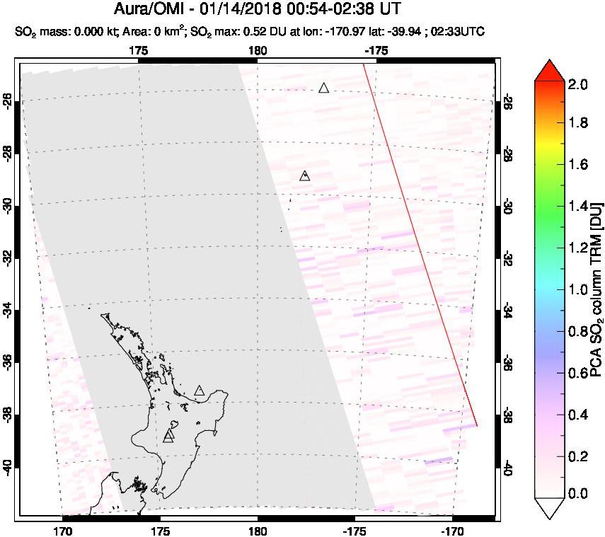 A sulfur dioxide image over New Zealand on Jan 14, 2018.