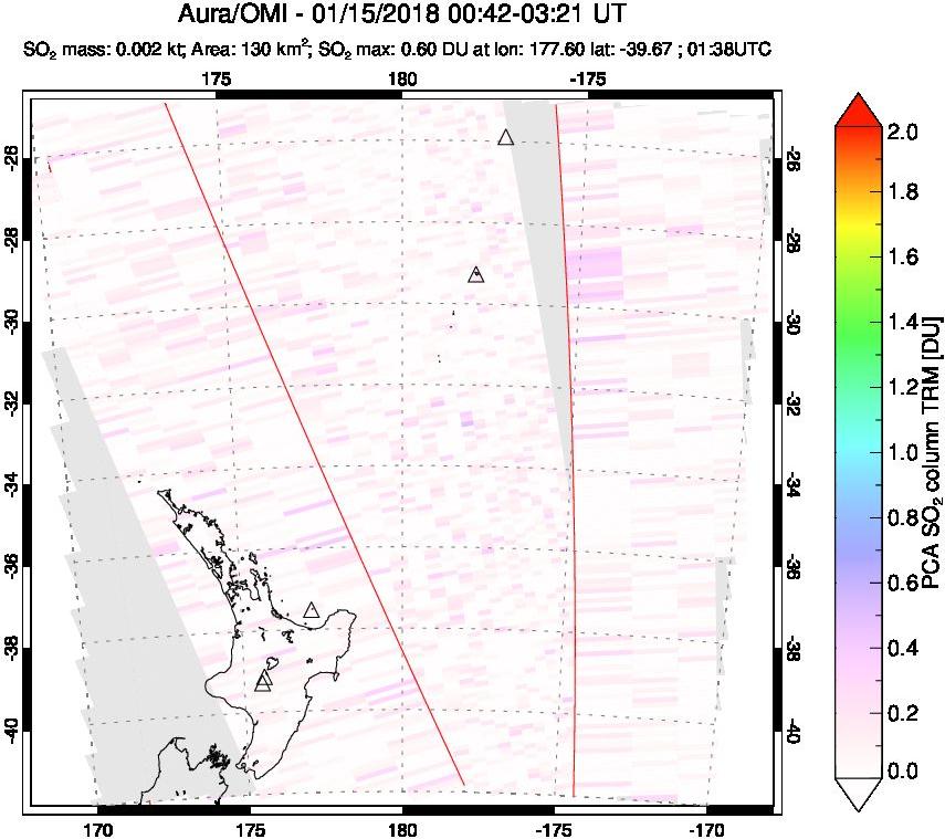 A sulfur dioxide image over New Zealand on Jan 15, 2018.