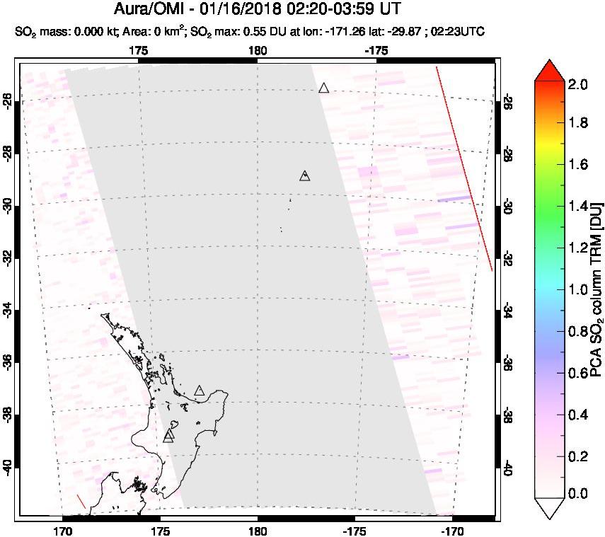 A sulfur dioxide image over New Zealand on Jan 16, 2018.