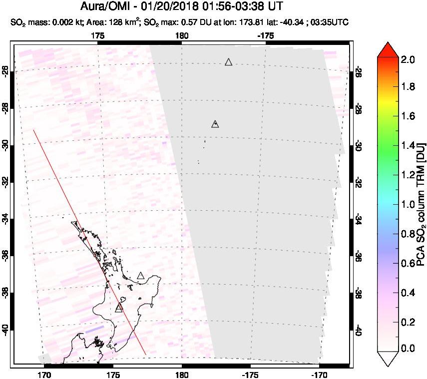 A sulfur dioxide image over New Zealand on Jan 20, 2018.