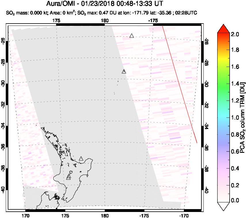 A sulfur dioxide image over New Zealand on Jan 23, 2018.