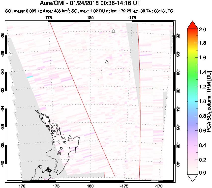 A sulfur dioxide image over New Zealand on Jan 24, 2018.