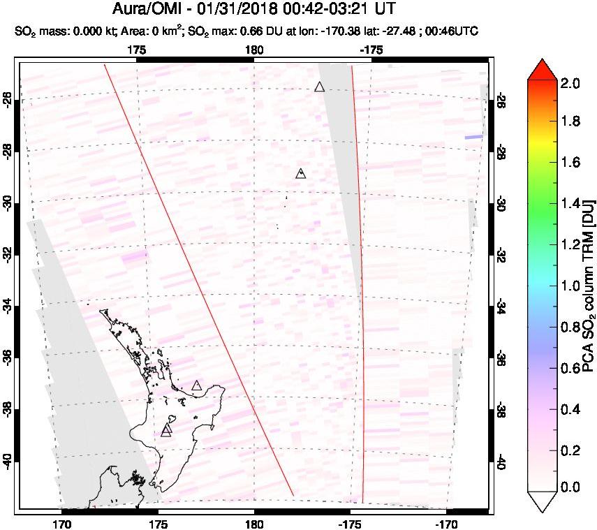 A sulfur dioxide image over New Zealand on Jan 31, 2018.